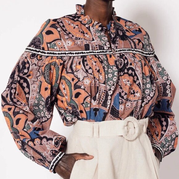 Cleobella NWT Karla Blouse Abstract Boho Balloon Sleeve Multicolor - Picture 1 of 9